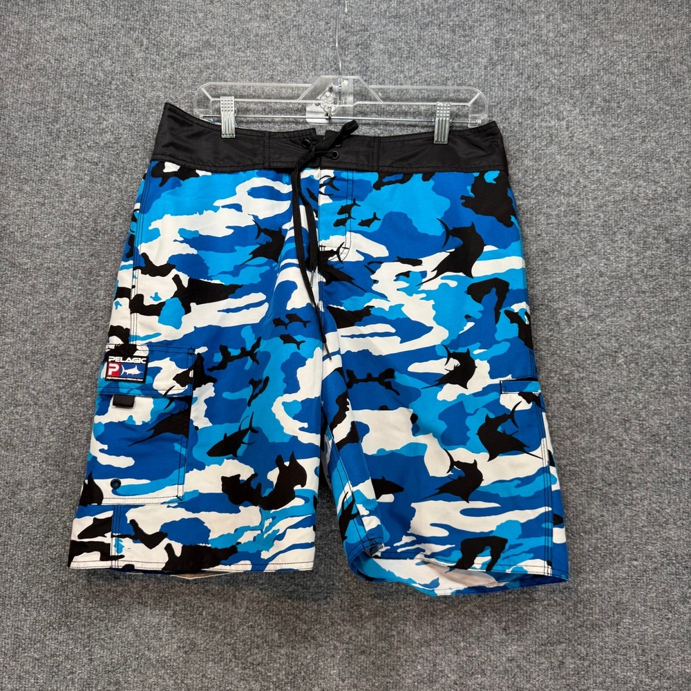 Pelagic Board Shorts Mens 34 Blue Fish Camo Cargo Pocket Fishing Swim Trunks